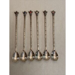 Silver Plated Tea Coffee Stirrer Spoons Set 6 Teapot Topper Color Stones 7.5"